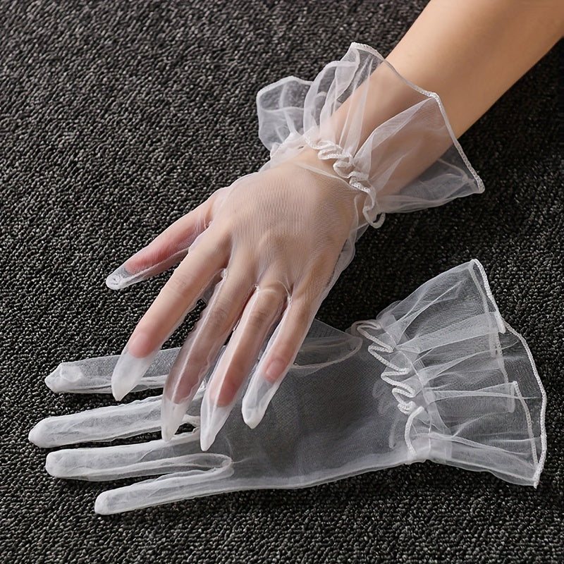 2pcs Sheer Mesh Short Gloves Ruffled Sleeve L