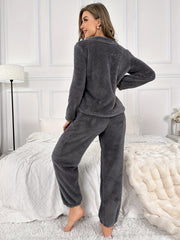 Letter Pattern Fuzzy Pajama Set Long Sleeve Crew Neck Top & Elastic Waistband