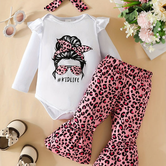 Baby Girl Cartoon Print Romper & Leopard Print Flared Set