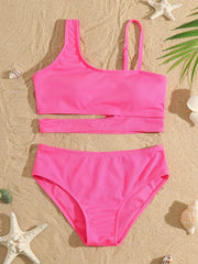 Girls 2pc Swimsuit Bikini Set Ribbed Top & Bottoms Bathing Suit Swimwear