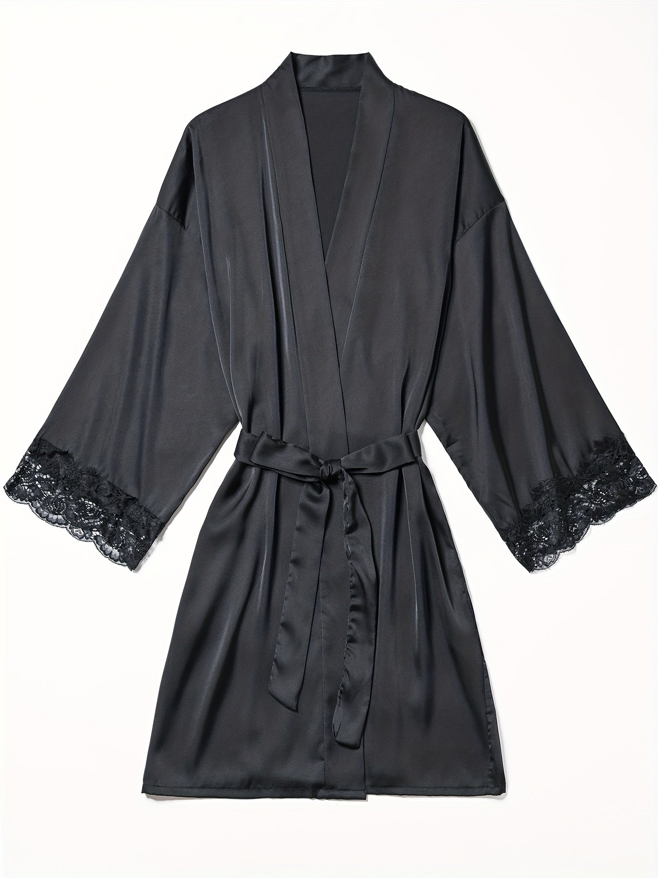 Satin Lounge Robe with Lace Trim V-Neck Long Sleeve Belted Women's Loungewear