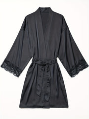 Satin Lounge Robe with Lace Trim V-Neck Long Sleeve Belted Women's Loungewear