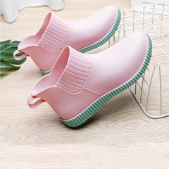 Women's Non slip Solid Flat Rain Boots Waterproof Slip On Rubber Shoes