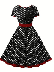 Retro Polka Dot Swing Dress Vintage Crew Neck Puff Sleeve Waist Summer Dresses