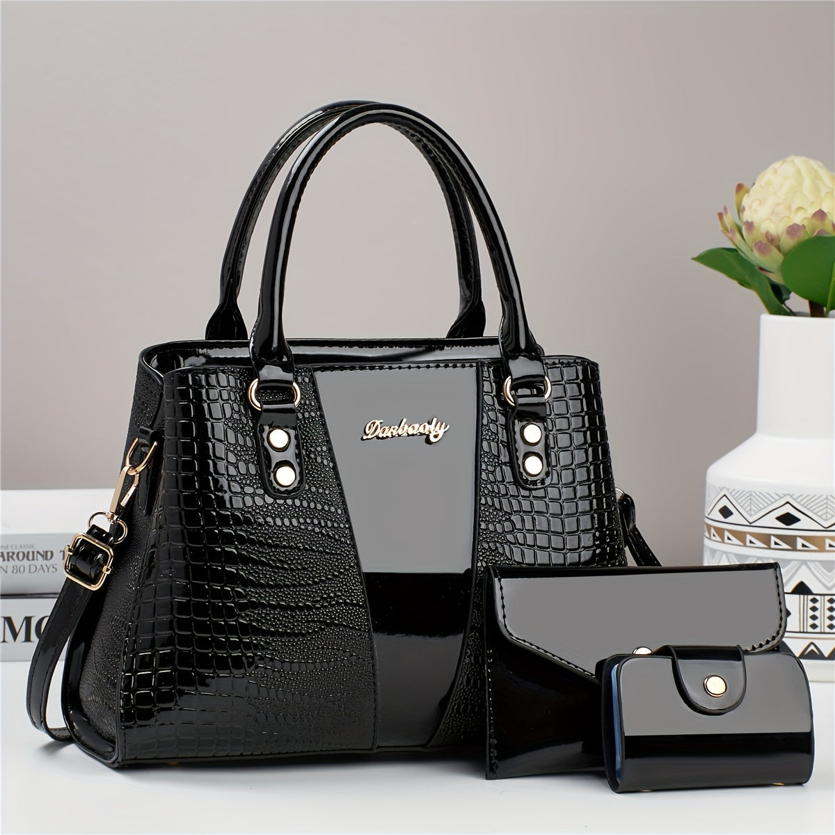 Crocodile Embossed 3pcs Handbag Set: Tote, Crossbody Bag & Card Holder