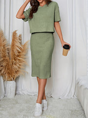 Ribbed Two piece Set V Neck Short Sleeve Tops & Bag Hip Midi Skirts