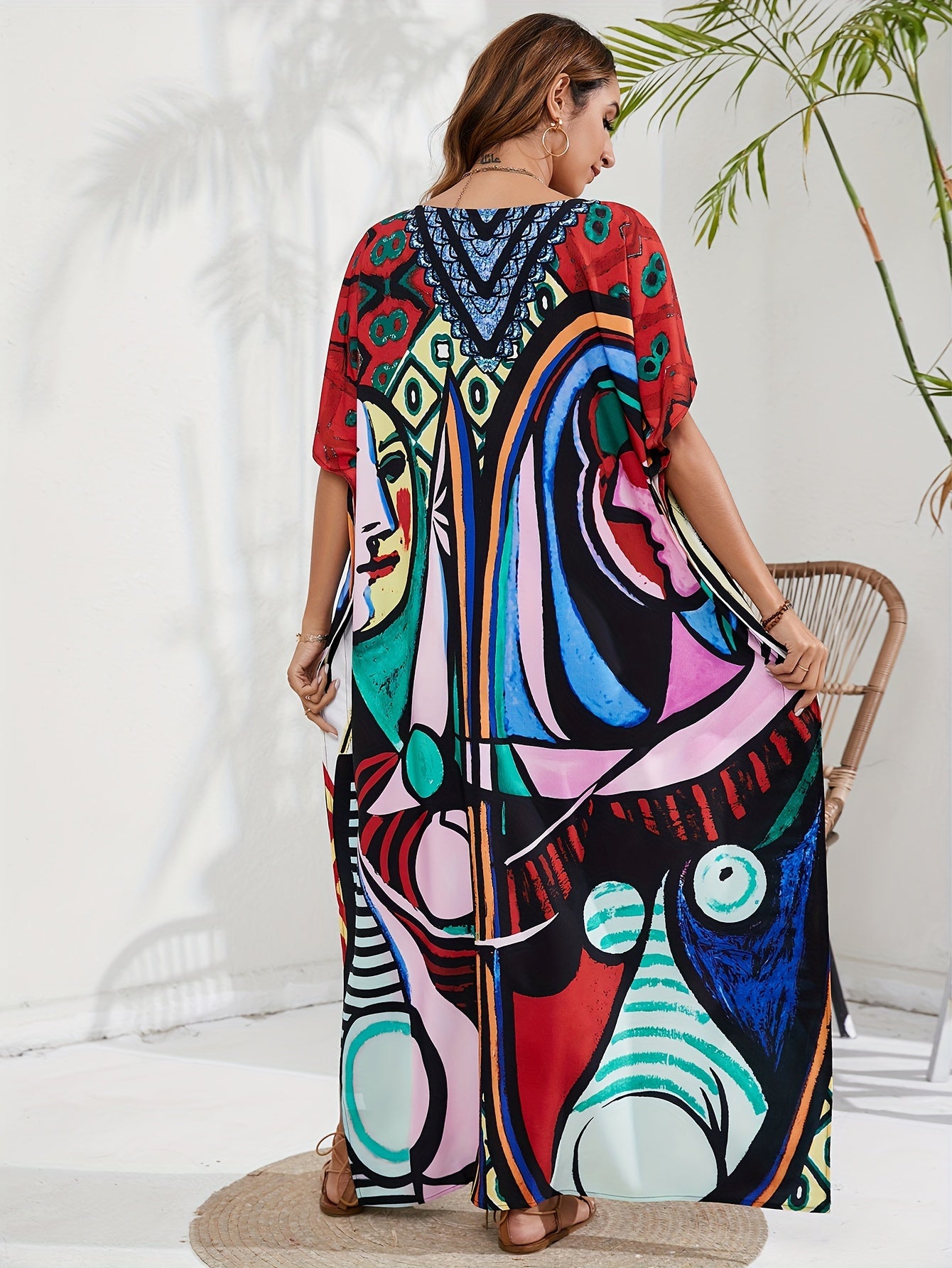  Abstract Face Print Kaftan Maxi Cover Up