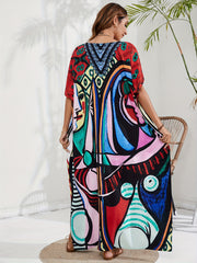  Abstract Face Print Kaftan Maxi Cover Up