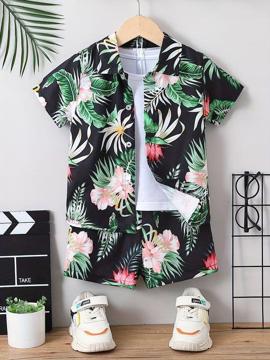 2pcs Boys Tropical Flowers Button Shirt & Shorts Set