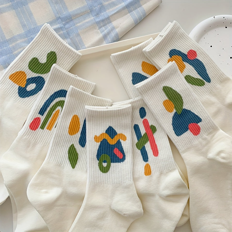 8 Pairs Graffiti Pattern Mid Tube Socks Soft Women's Stockings