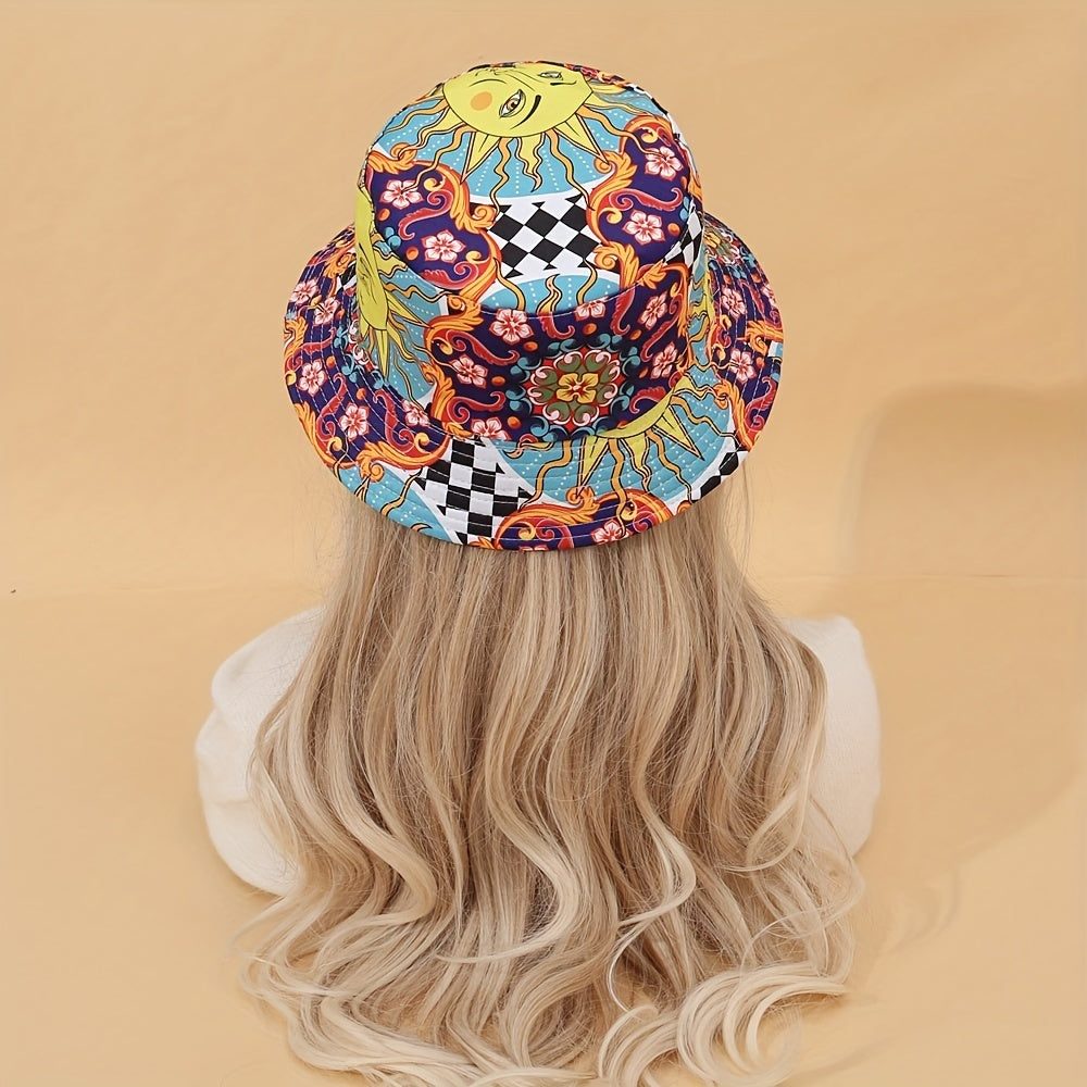 Boho Print Reversible Bucket Hat Y2K Cartoon Basin Hat