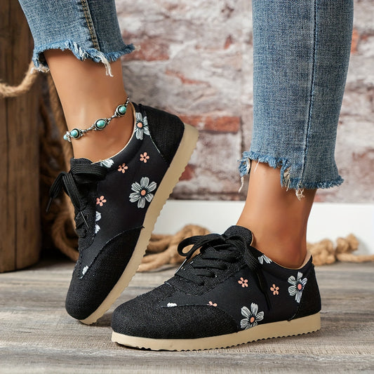 Floral Print Sneakers Lace Up Outdoor Shoes Lightweight Low Top