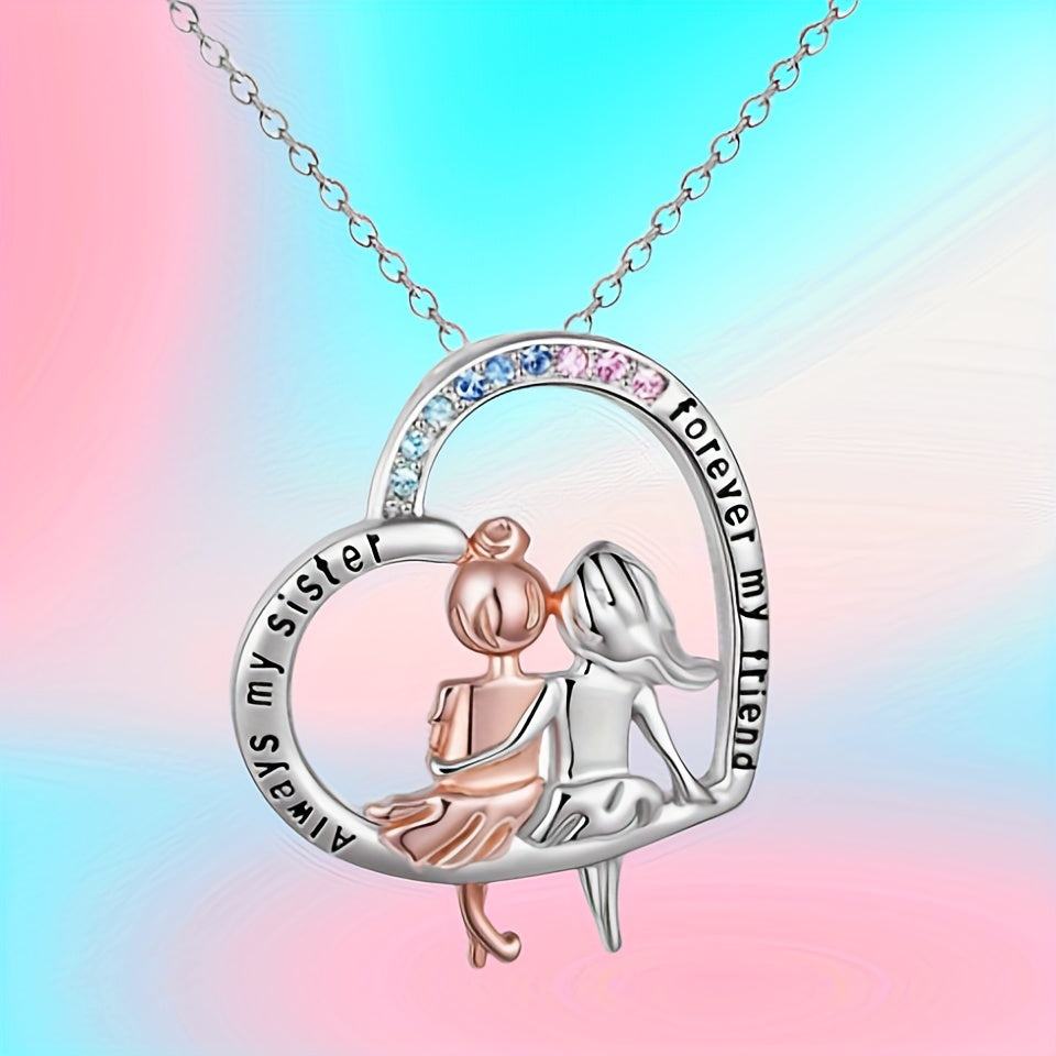 Sisters From Sister Two Little Girls Back Pattern Silvery Heart Necklace