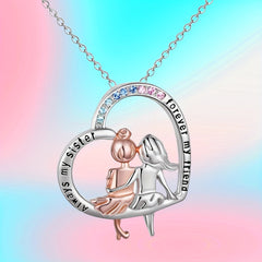 Sisters From Sister Two Little Girls Back Pattern Silvery Heart Necklace