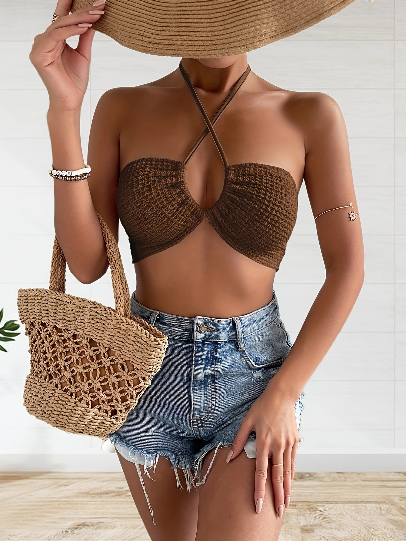 Cross Front Halter Crop Top Tie Back Summer Sleeveless