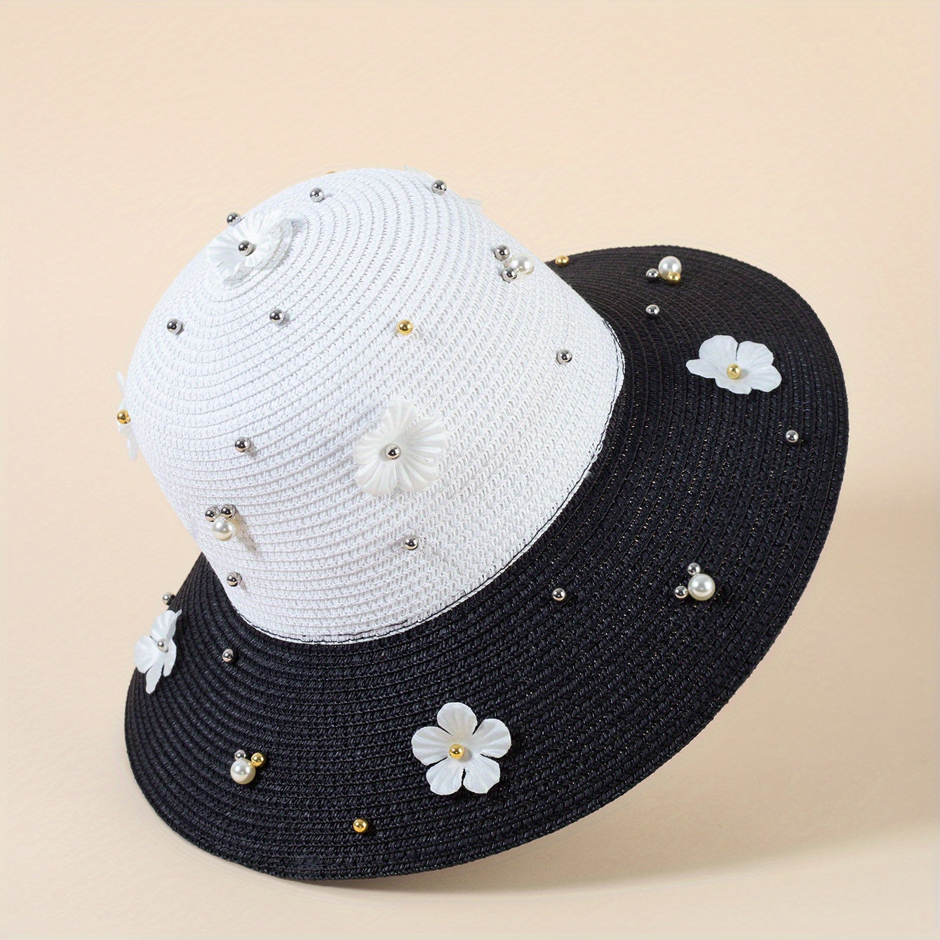 Faux Pearl Decor Sun Hat Wide Brim Straw Hat Foldable Summer Travel Beach Hats