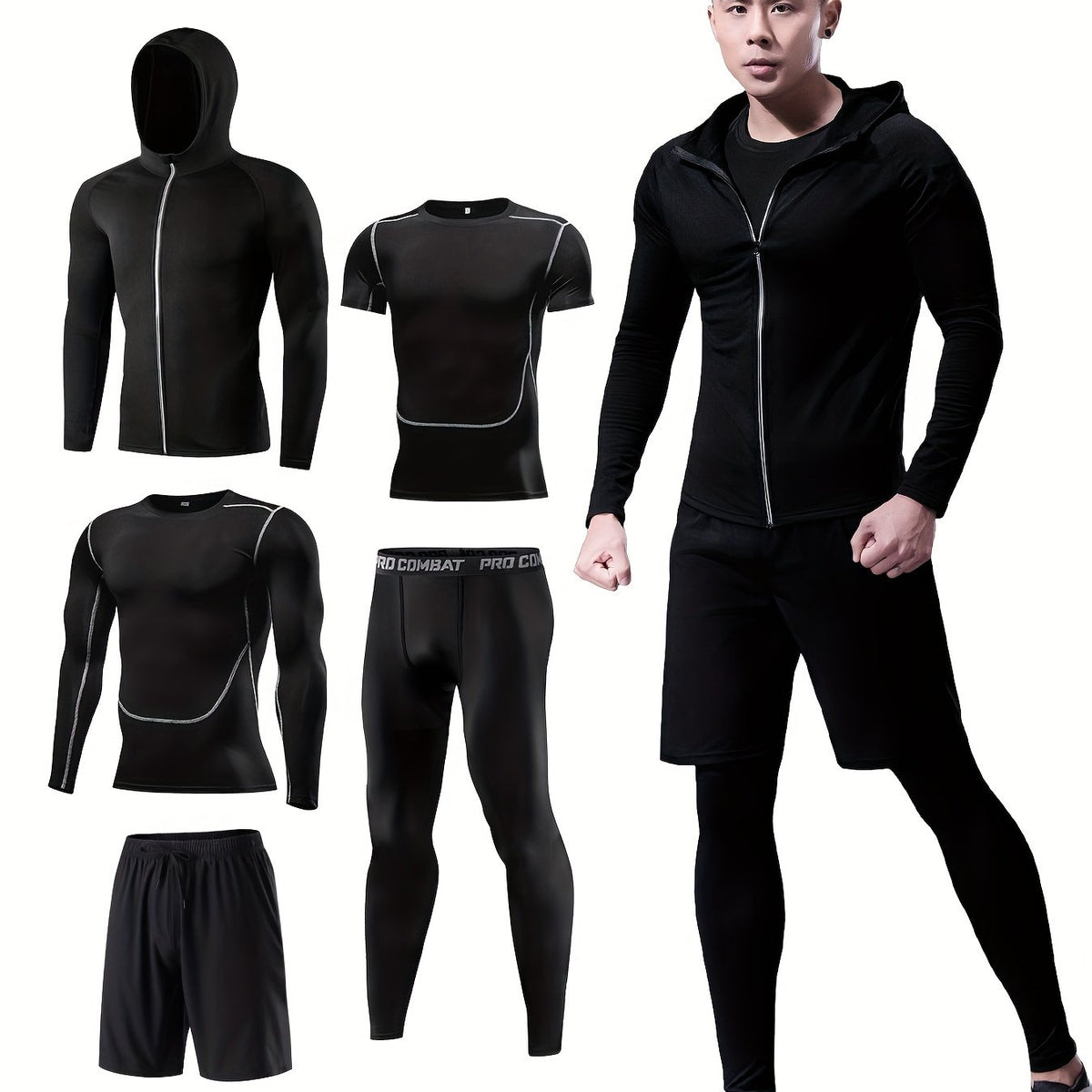Men's Sports Set: Quick Dry Zip Up Hoodie & Fitness Shirt & Shorts