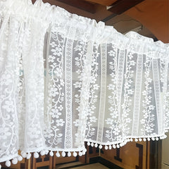 Short Sheer Floral Curtain with Pom Poms - Home Decor
