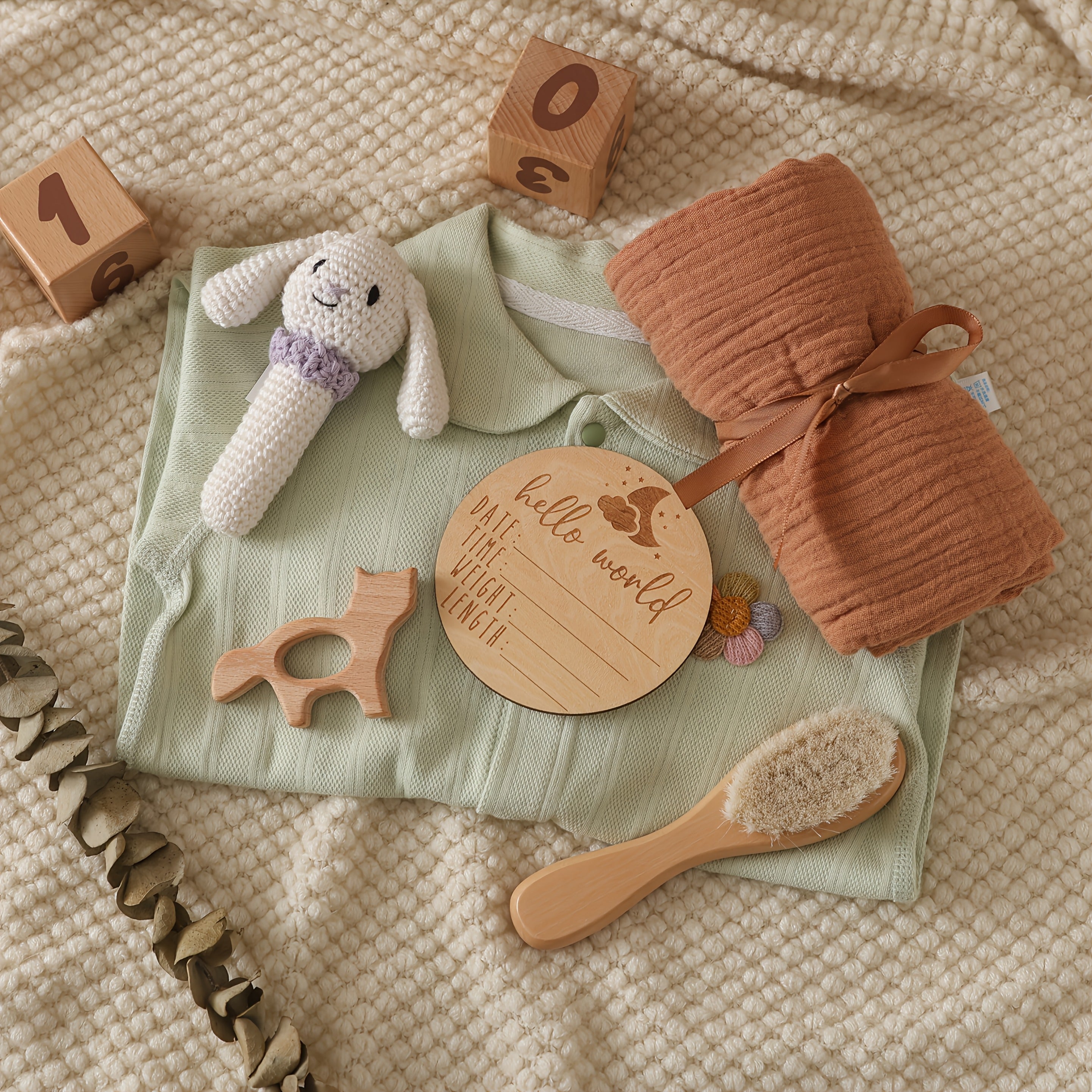 Handwoven Bamboo Bath Towel Bunny Ring Wool Brush for Newborns
