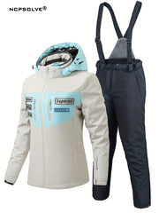 Letter Pattern Ski Set Zip Pocket Hooded Jacket & Suspender Trouser Suit