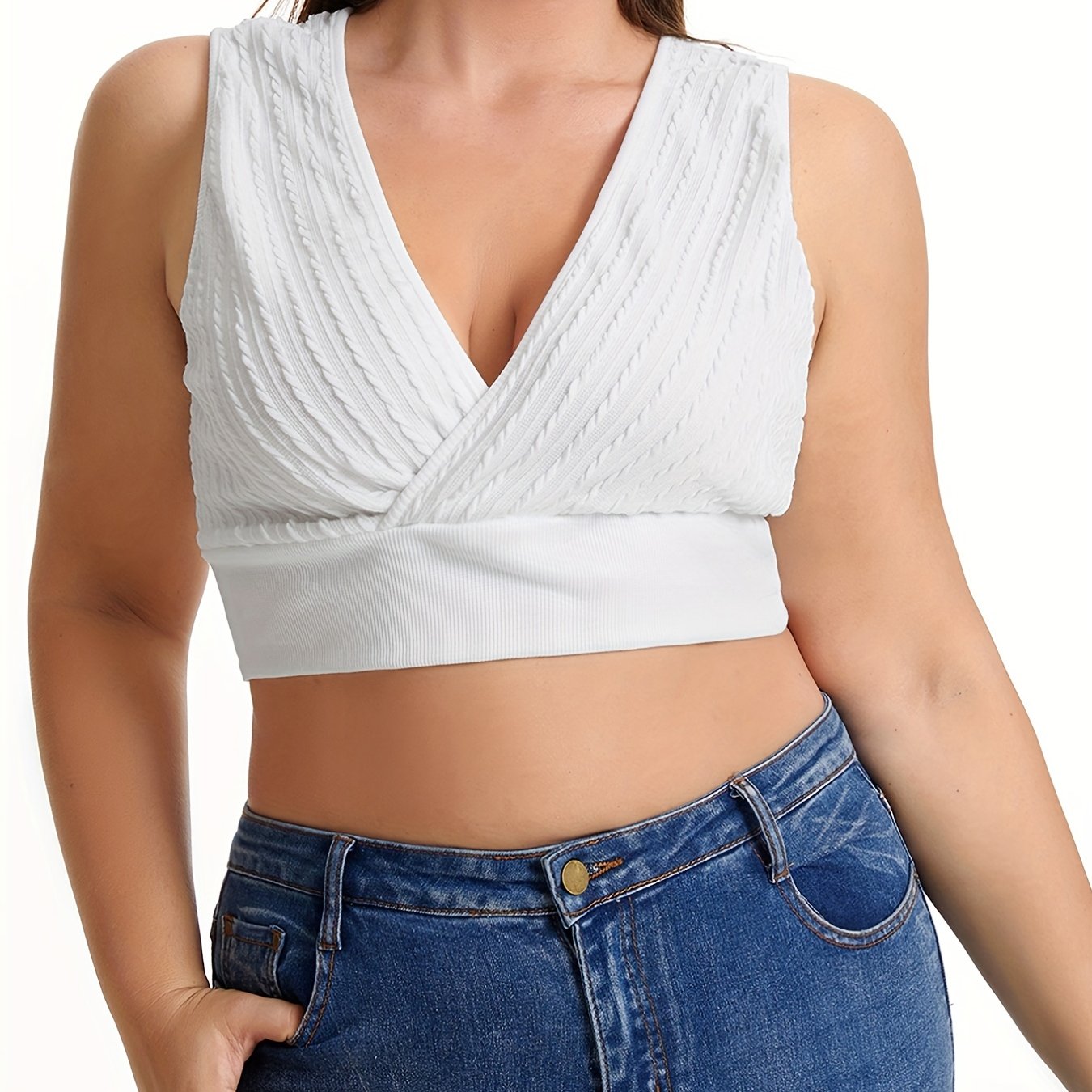  Jacquard Solid V Neck Tank Crop Top