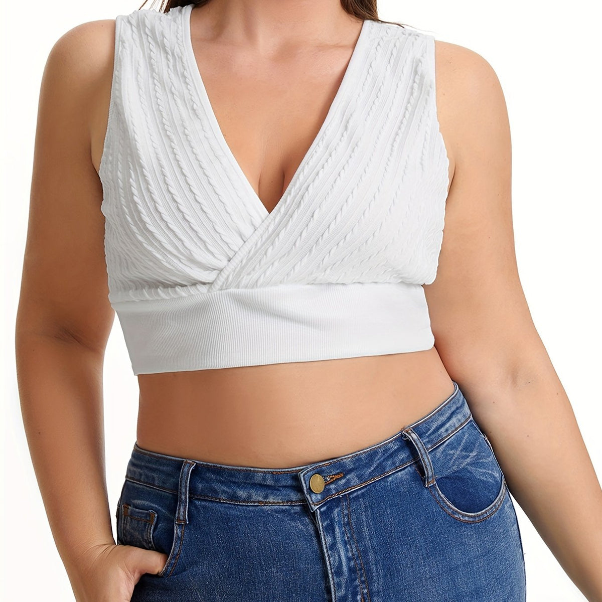  Jacquard Solid V Neck Tank Crop Top