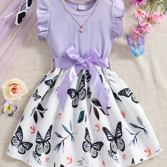 Girls Butterfly Print Skirt Dress Ribbed Ruffle Top Summer Casual Clothes