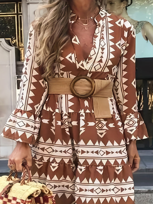  Bell Sleeve Geometric Print V Neck Smock Mini Dress