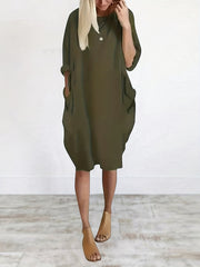  Casual Dress Women's Plus Solid Round Neck Long Sleeve Midi Dress