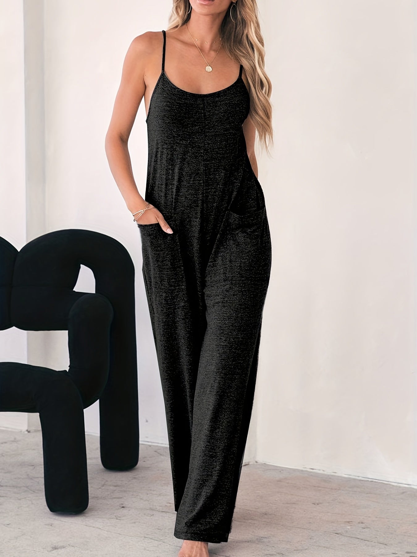 Solid Jumpsuit with Pockets Wide Leg