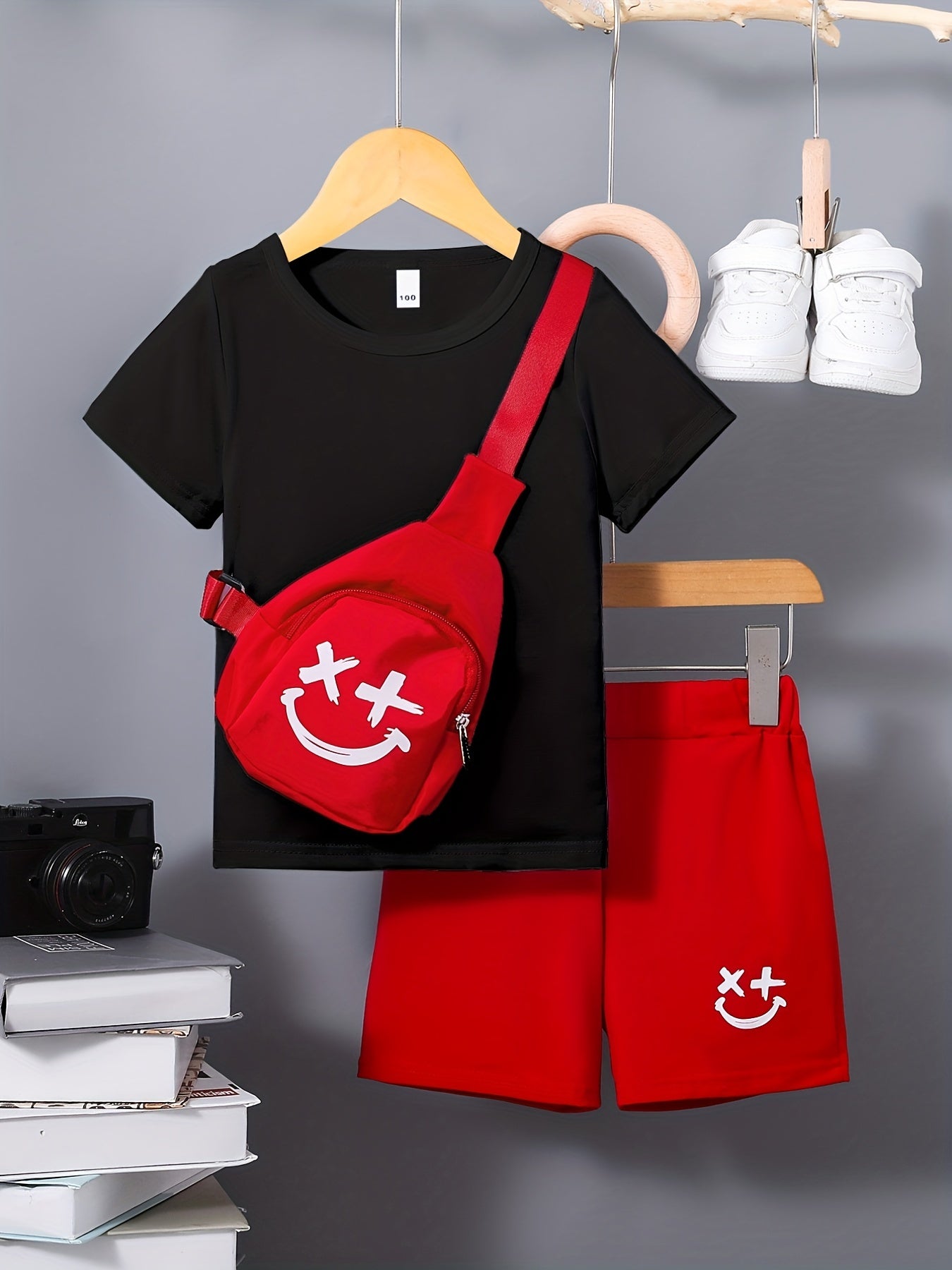 3pcs Boys Casual Short Sleeve T shirt & Shorts Set + Crossbody Bag
