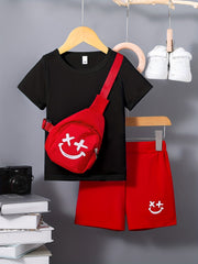 3pcs Boys Casual Short Sleeve T shirt & Shorts Set + Crossbody Bag