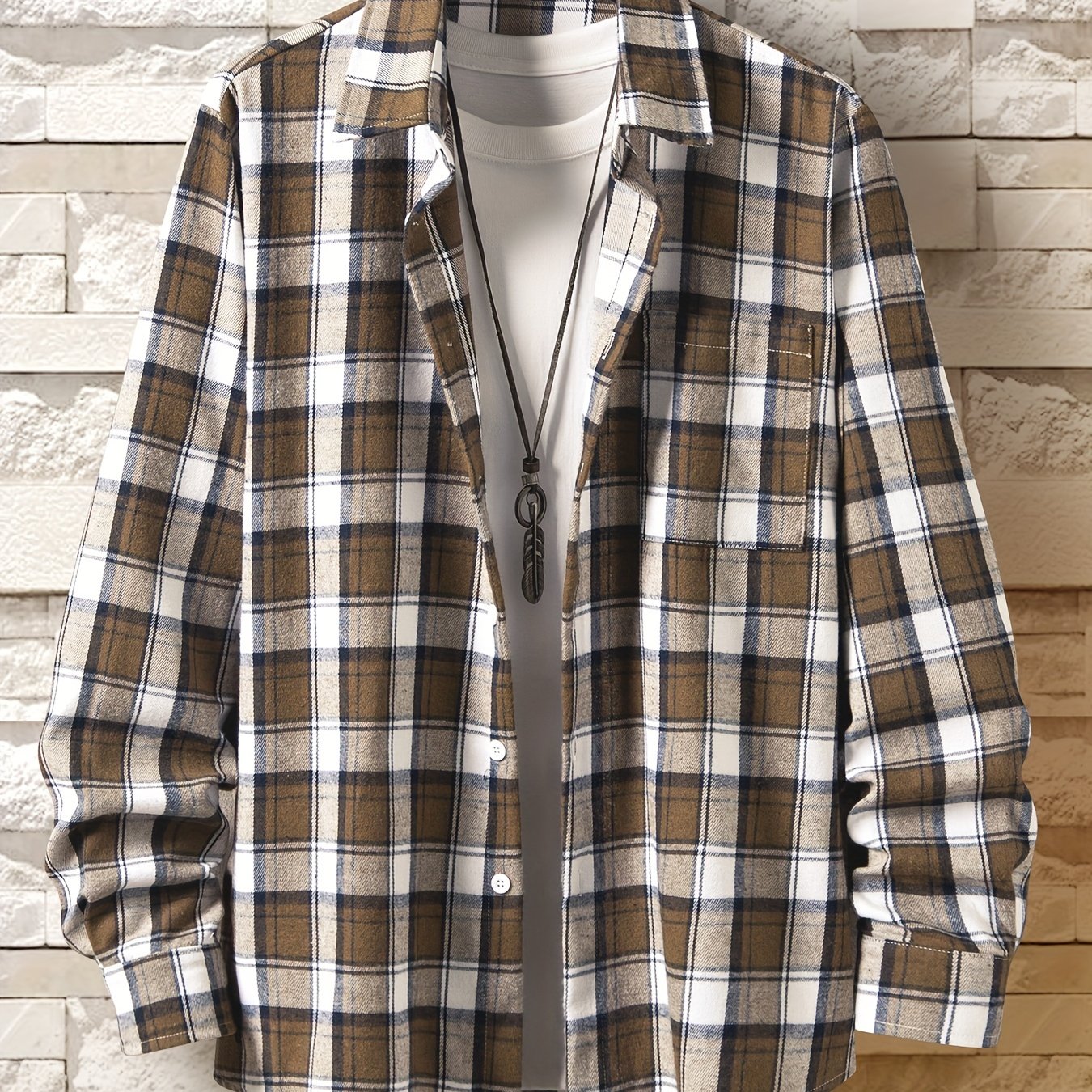 Men's Plaid Print Long Sleeve Button Up Shirt Lapel Casual Shirt Tops