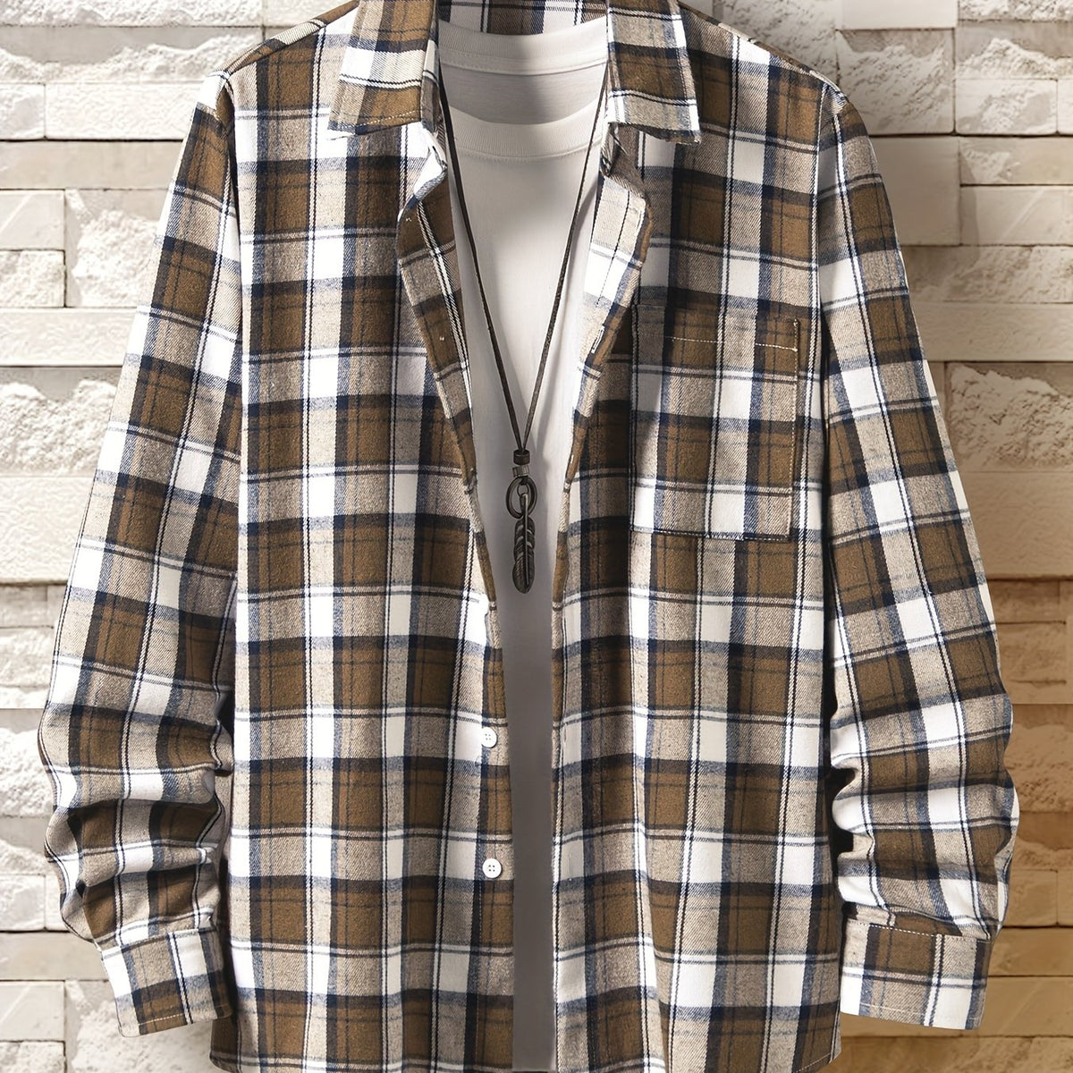 Men's Plaid Print Long Sleeve Button Up Shirt Lapel Casual Shirt Tops