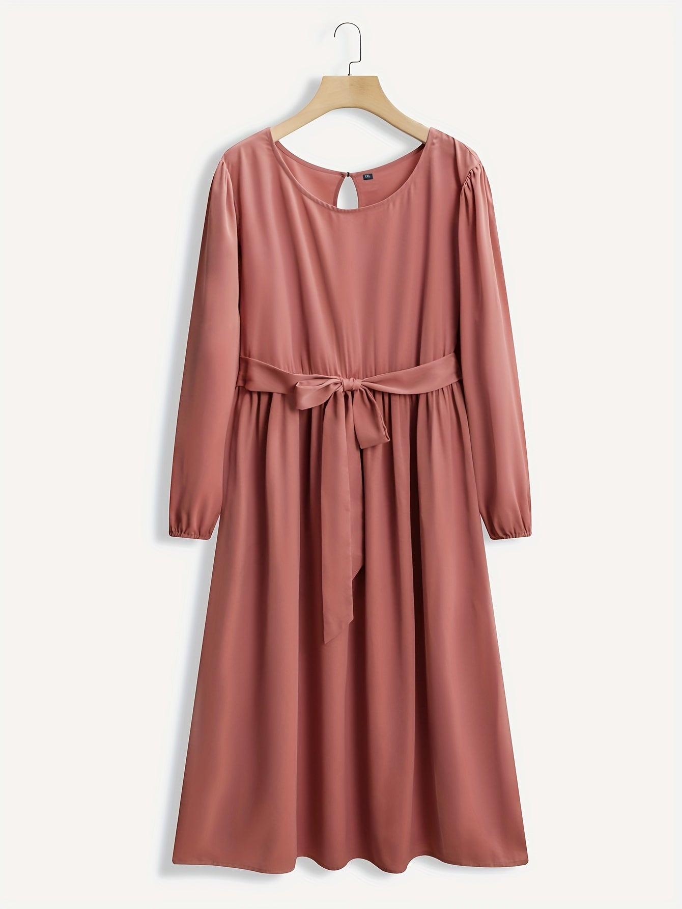 Plus Size Retro Dress Solid Lantern Sleeve Knee Length Dress With Belt