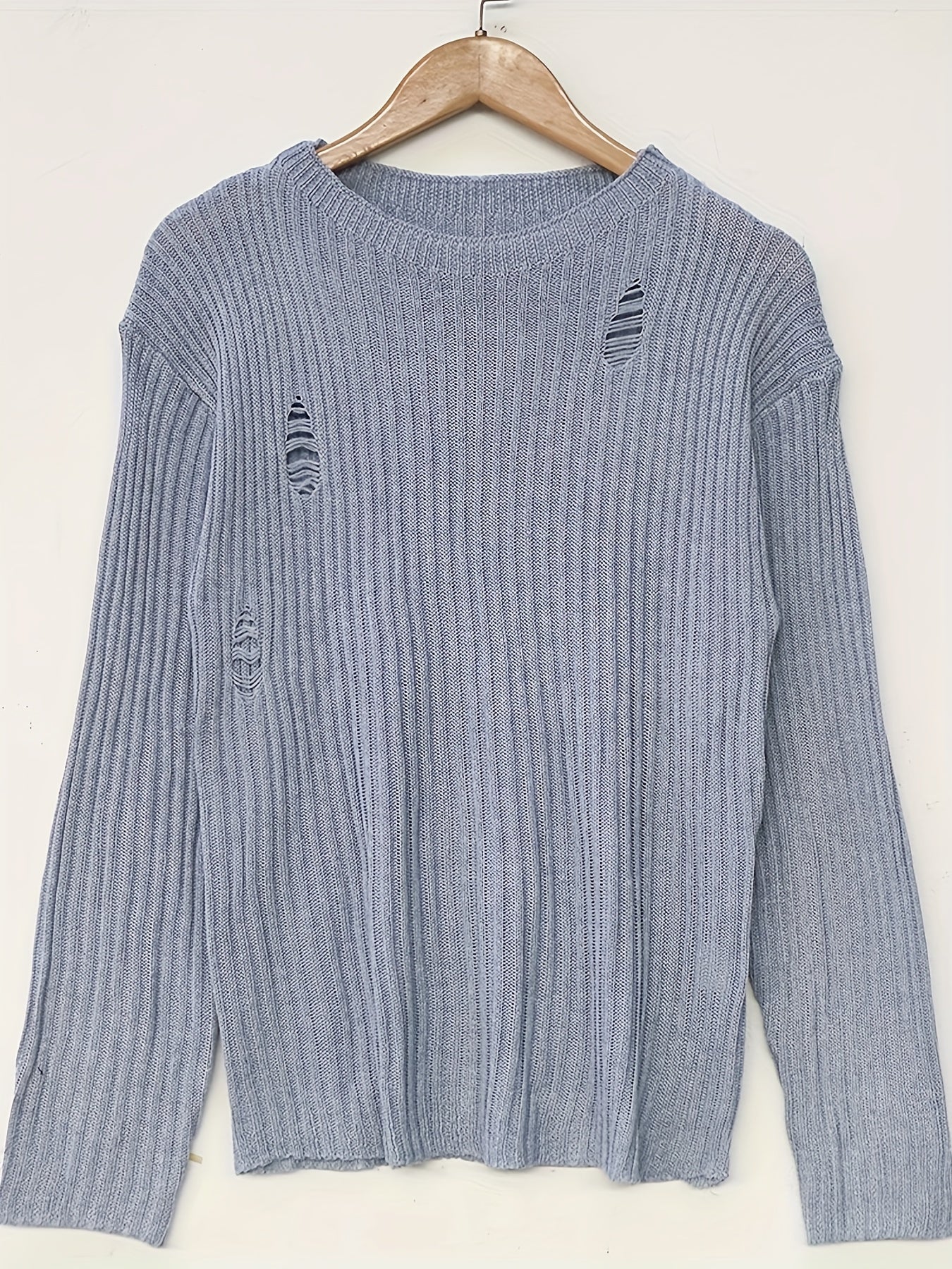  Solid Ripped Long Sleeve Sweater