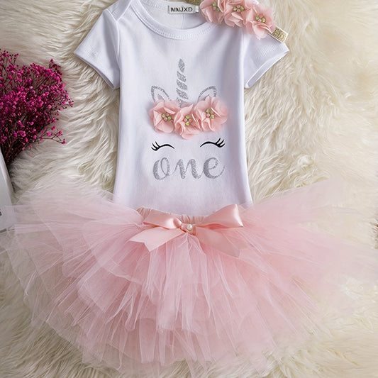 Baby Girls 1st Birthday Outfit Cartoon Print Top Mesh Skirt 3pcs Kids Clothes