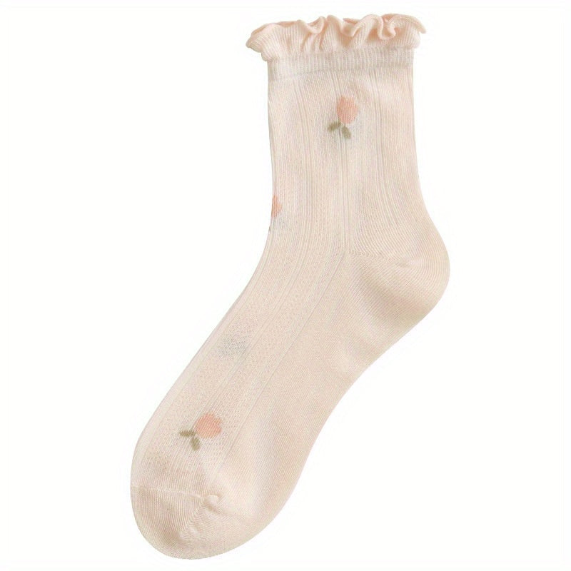 Floral Fruit Print Ruffle Socks Women's Stockings