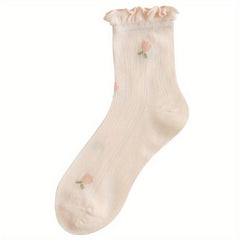 Floral Fruit Print Ruffle Socks Women's Stockings