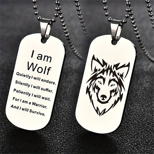 Stainless Steel Wolf Pendant Necklace for Boys 'I Am Wolf' with Chain