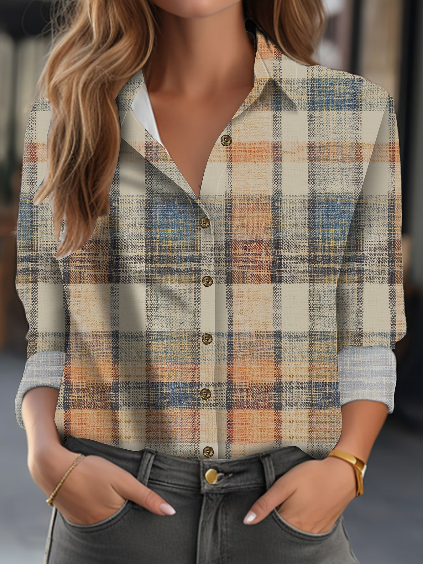  Plaid Print Button Up Long Sleeve Casual Blouse