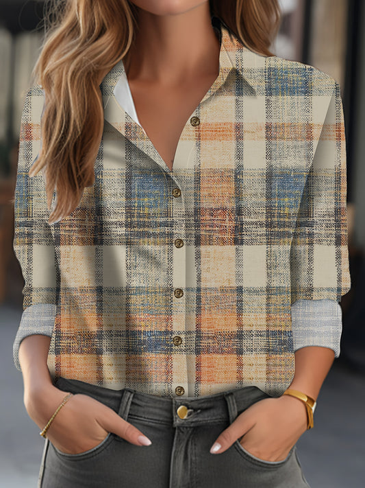  Plaid Print Button Up Long Sleeve Casual Blouse