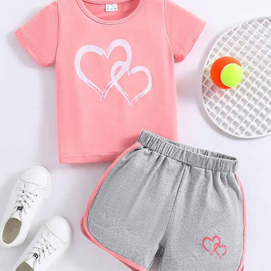 2pcs Baby Girls Heart Print T shirt & Shorts Set Baby Summer Clothes
