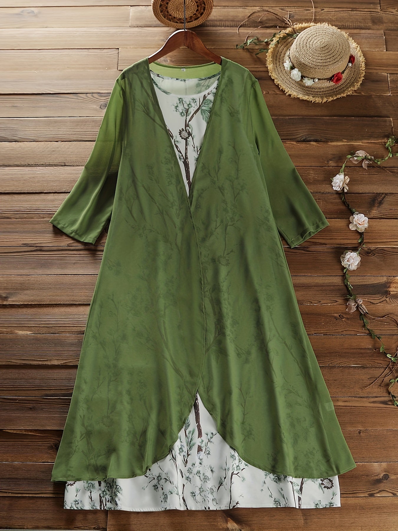  2-Piece Set: Solid Cover Up & Floral Print Tank Dress