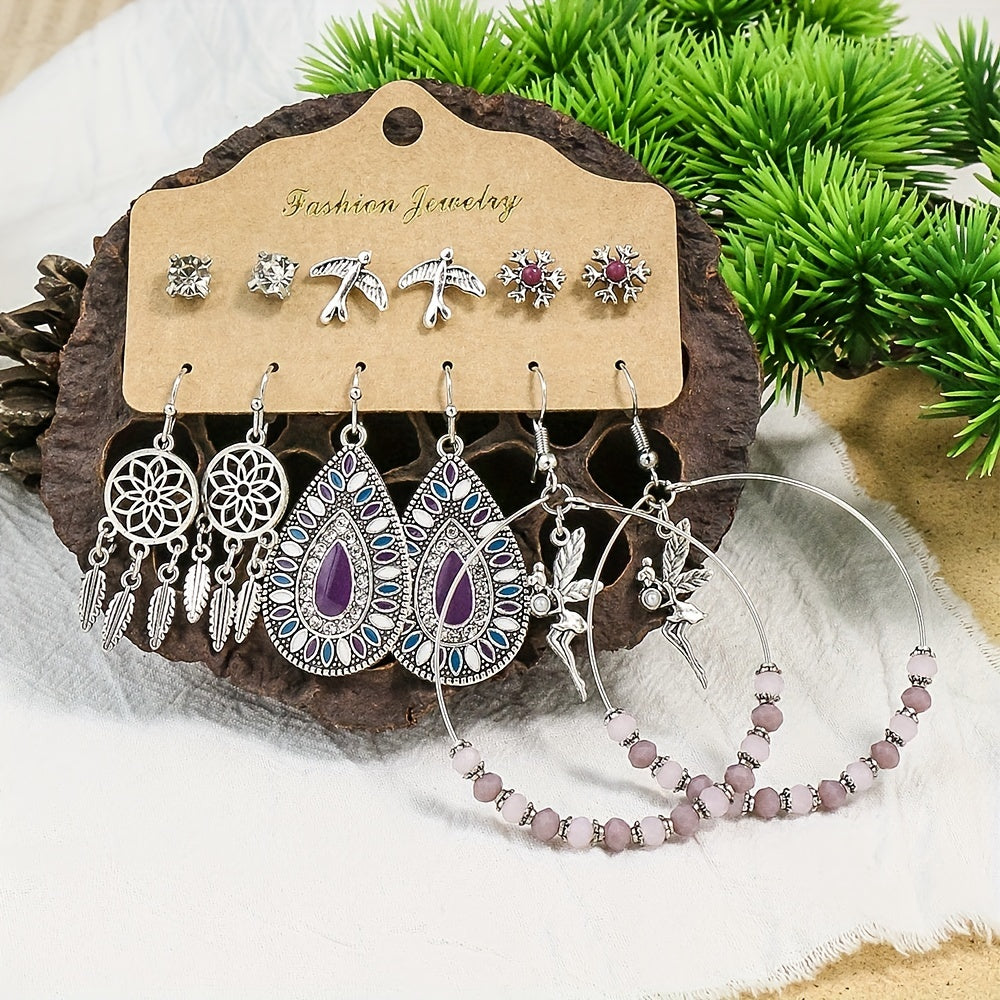 Boho Holiday Earrings Set Silver Geometric Retro Ear Jewelry