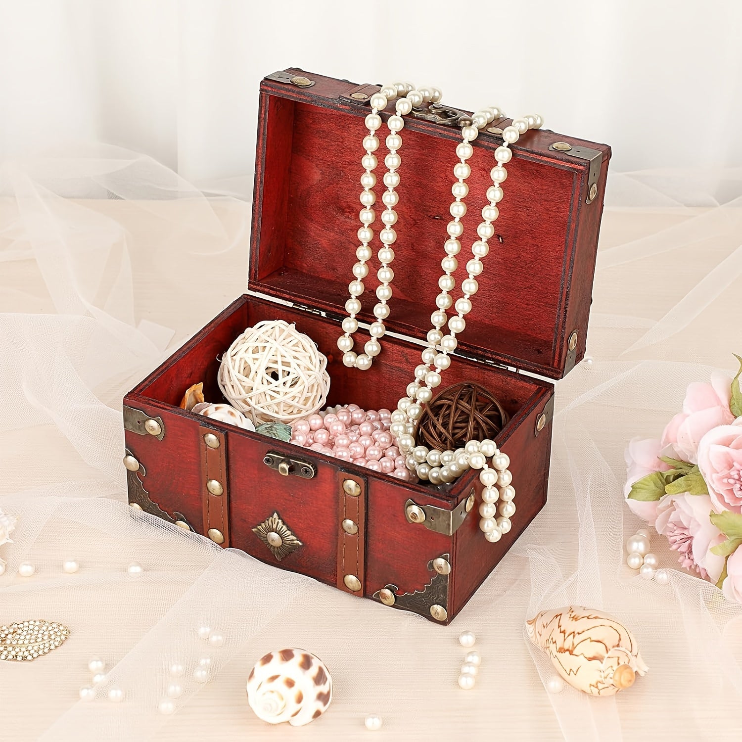 Vintage Treasure Chest Storage Box Wooden Jewelry Pirate Keepsake