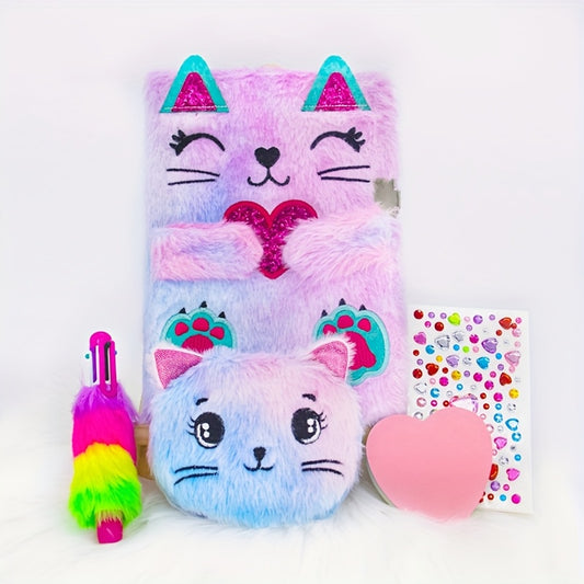 Love Heart Cat Lockable Journal Set Diary Stickers Mini Wallet for Teens