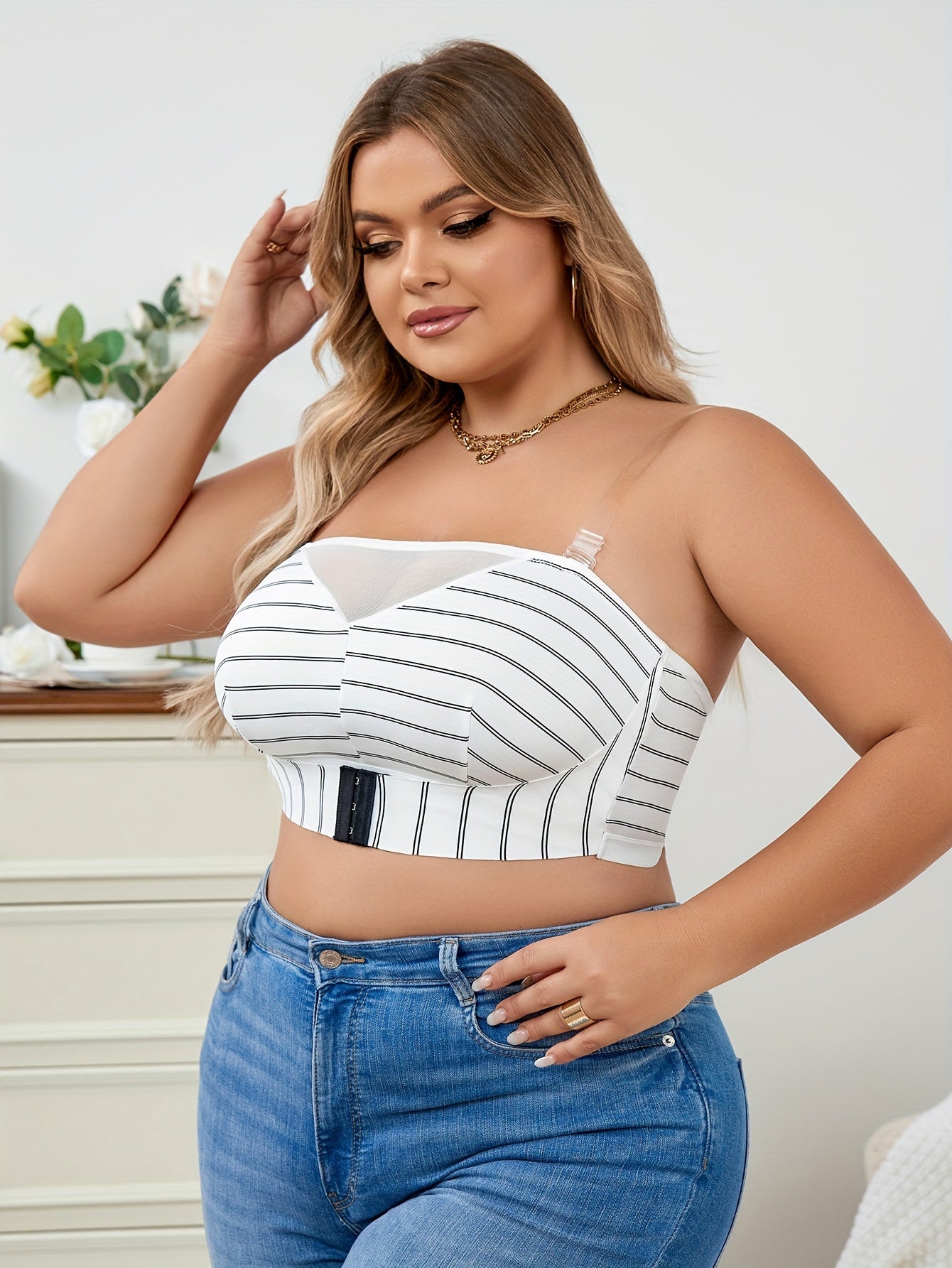  Bra Women's Plus Striped Print Mesh Tube Bralette