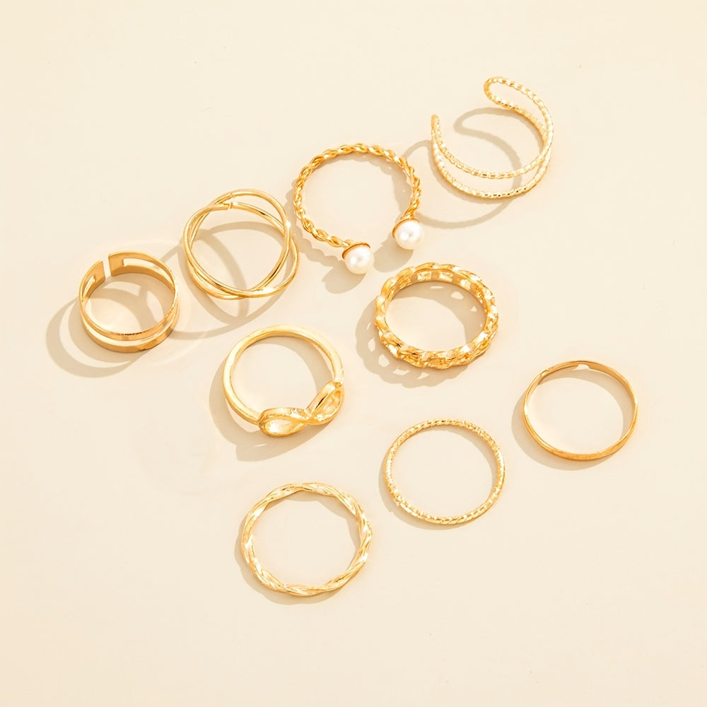 Vintage Pearl Twist Ring Set, 9 Pcs
