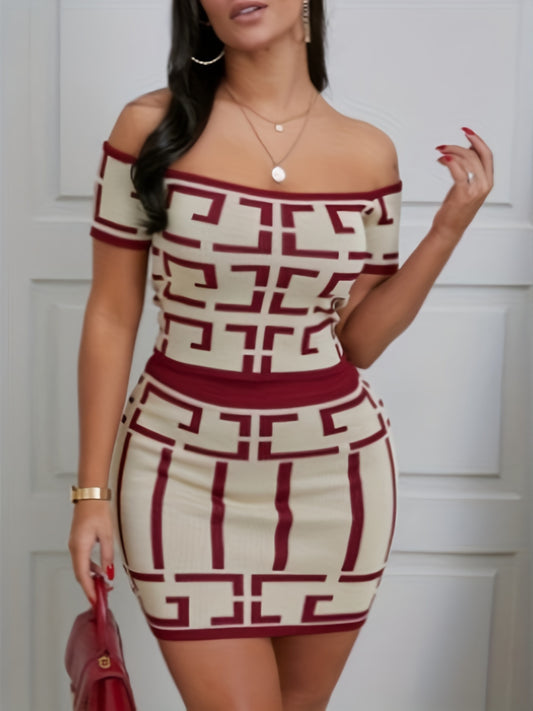 Sexy Geo Print 2pc Set Off Shoulder Top & High Waist Skirt